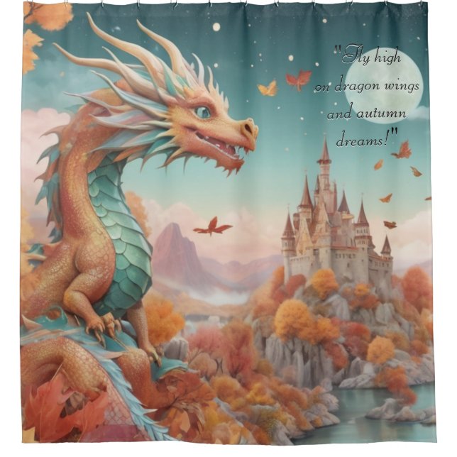 Autumn Dragon Dream Castle Starry Night Text Shower Curtain (Front)