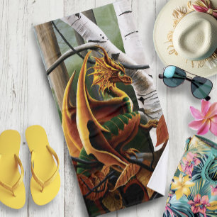 Autumn Dragon Orange Green Fantasy Bath Towel