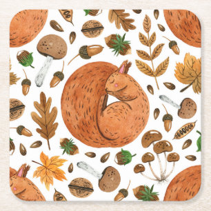 Autumn Dreams: Watercolor Squirrel Haven Square Paper Coaster