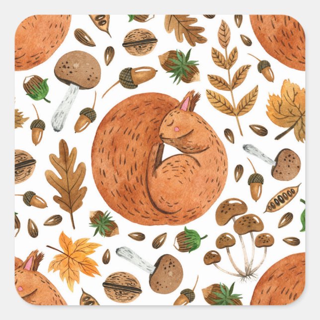 Autumn Dreams: Watercolor Squirrel Haven Square Sticker (Front)
