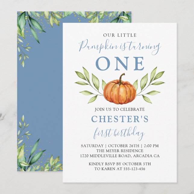 Autumn Dusty Blue Little Pumpkin First Birthday Invitation (Front/Back)