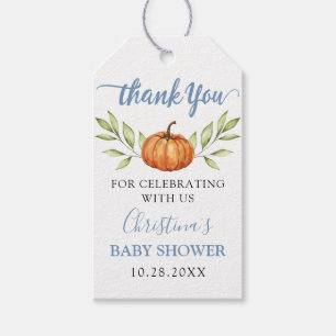 Autumn Dusty Blue Pumpkin Baby Shower Thank You Gift Tags