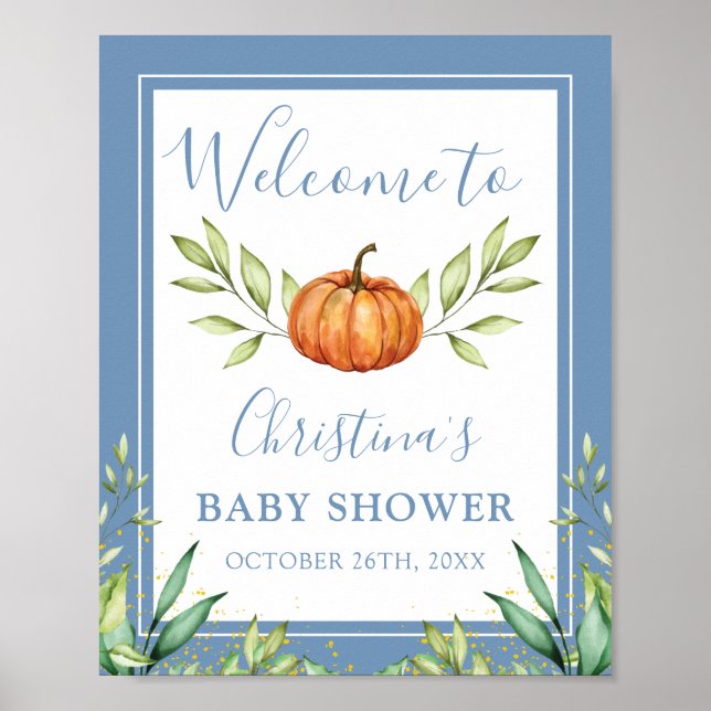 Autumn Dusty Blue Pumpkin Baby Shower Welcome Poster (Front)