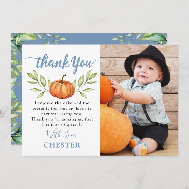 Autumn Dusty Blue Pumpkin Fall Birthday Photo Thank You Card (Front/Back)
