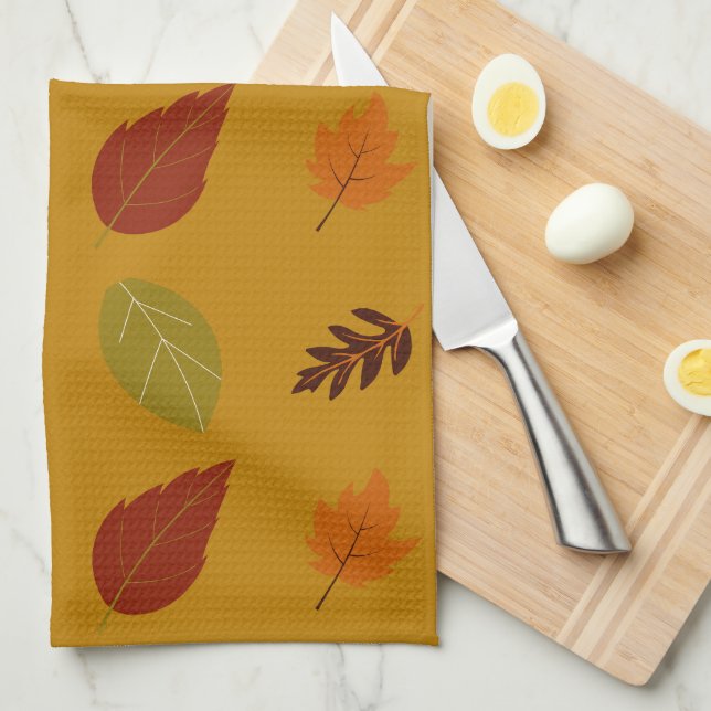 Autumn Earth-Tone Colours Fall Leaves Pattern Tea Towel (Quarter Fold)