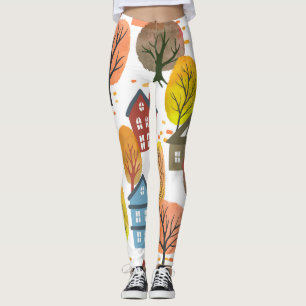 Autumn Elegance: Watercolor City and Trees Leggings