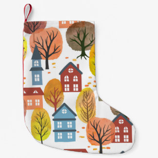 Autumn Elegance: Watercolor City and Trees Small Christmas Stocking