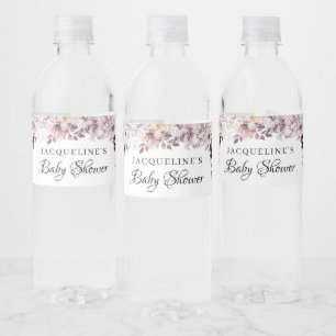 Autumn Elegant Purple Flowers Foliage Baby Shower Water Bottle Label