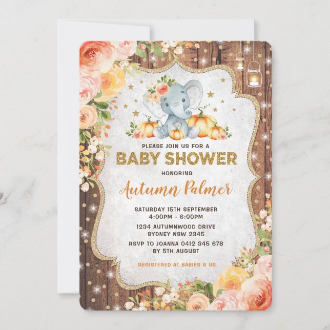 Autumn Elephant Baby Shower Fall Floral Pumpkin Invitation (Front)