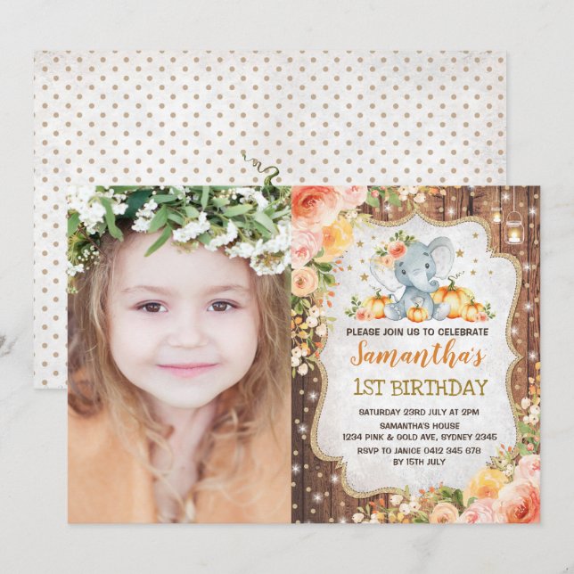 Autumn Elephant Fall Floral Rustic First Birthday Invitation (Front/Back)