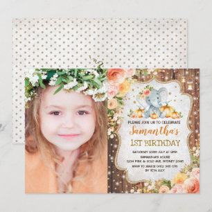 Autumn Elephant Fall Floral Rustic First Birthday Invitation