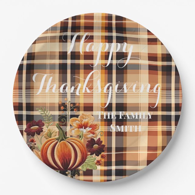 Autumn Embroidered Pumpkin & Floral Paper Plate (Front)