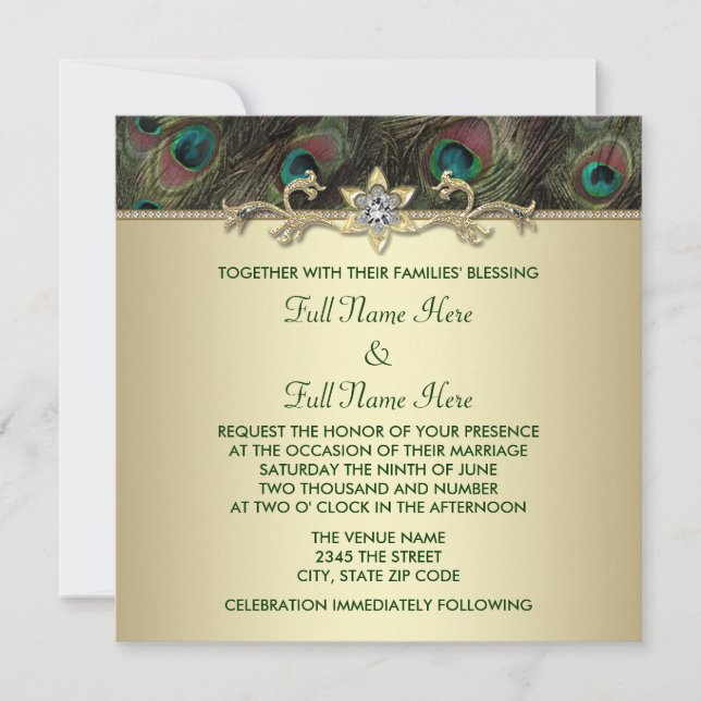 Autumn Emerald Green Gold Peacock Wedding Invitation (Front)