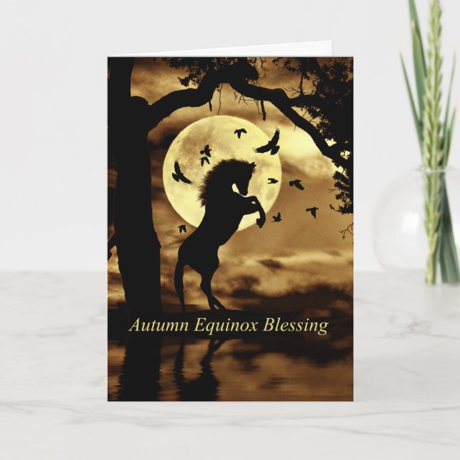 Autumn Equinox Blessings With Rearing Horse Ravens Card (Front)