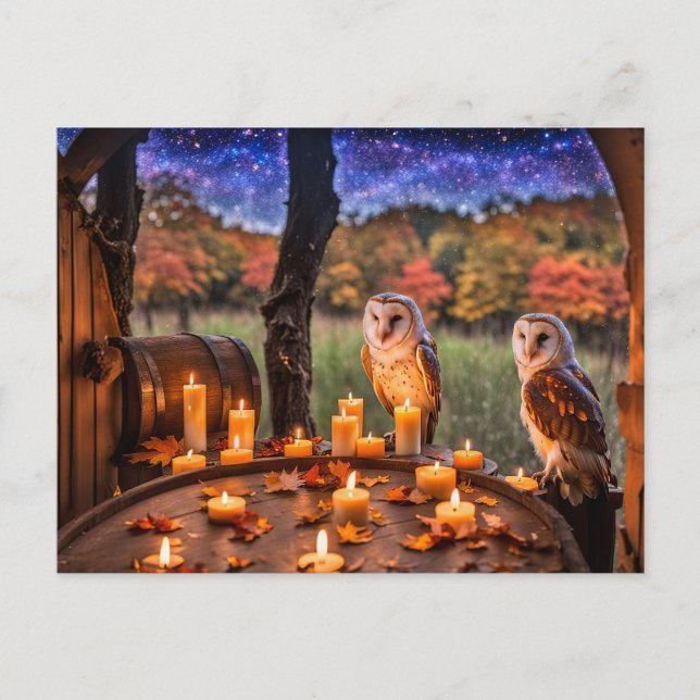 Autumn Equinox with Two Owls Candles Barrels Holiday Postcard (Front)