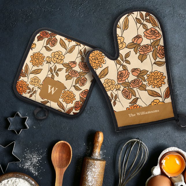 Autumn Exotic Flowers Customise Monogram Oven Mitt & Pot Holder Set (Creator Uploaded)