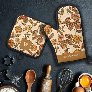 Autumn Exotic Flowers Customize Monogram Oven Mitt & Pot Holder Set