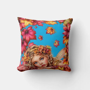 Autumn Fairy Portrait with Maple Leaves Frame Cushion