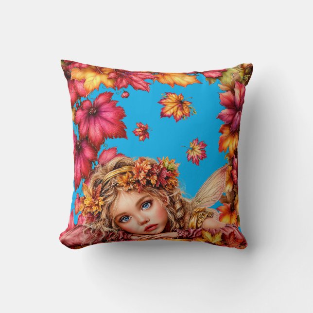 Autumn Fairy Portrait with Maple Leaves Frame Cushion (Front)