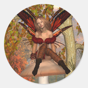 Autumn Fairy sitting on a toadstool with woodland Classic Round Sticker