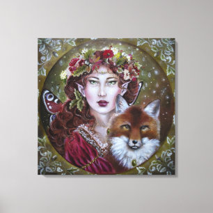 Autumn fairy with a fox stretched canvas print