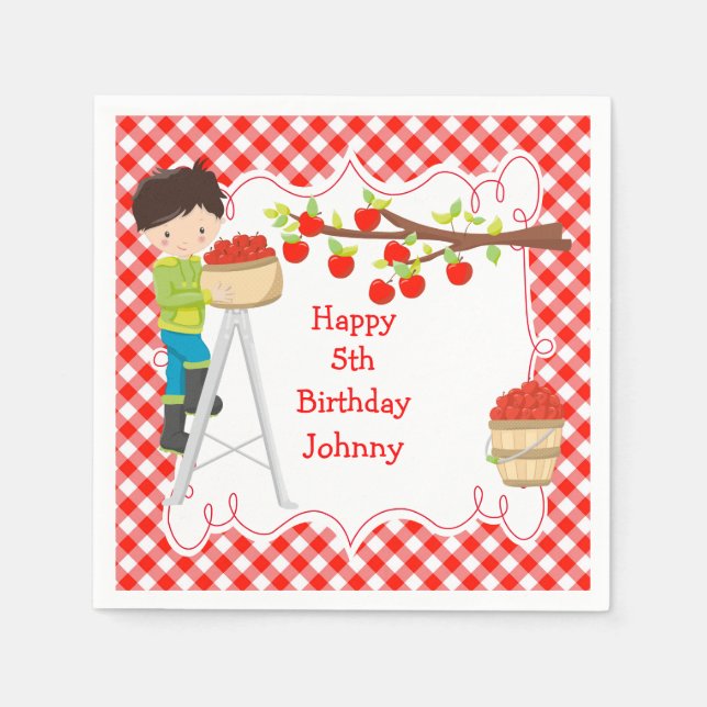 Autumn Fall Apple Picking Black Hair Boy Birthday Napkin (Front)