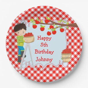 Autumn Fall Apple Picking Black Hair Boy Birthday Paper Plate