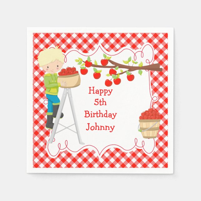Autumn Fall Apple Picking Blonde Boy Birthday Napkin (Front)