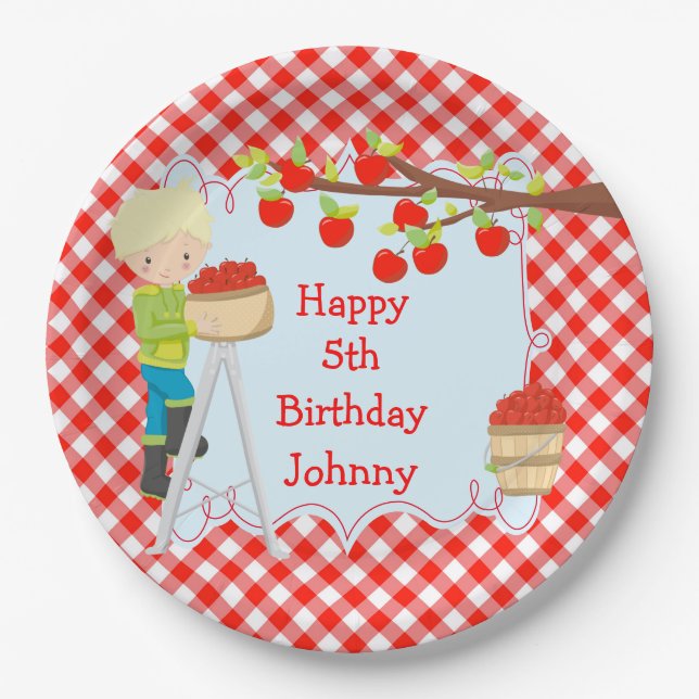 Autumn Fall Apple Picking Blonde Boy Birthday Paper Plate (Front)