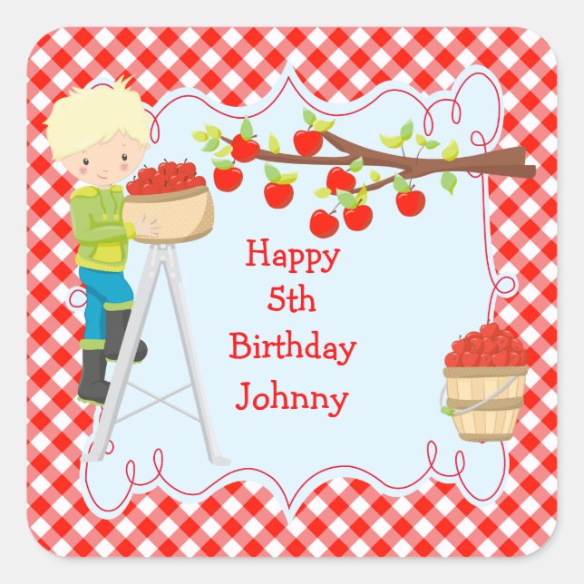 Autumn Fall Apple Picking Blonde Boy Birthday Square Sticker (Front)