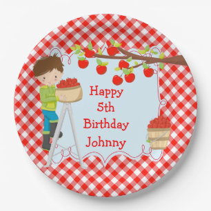 Autumn Fall Apple Picking Brunette Boy Birthday Paper Plate