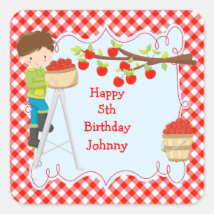 Autumn Fall Apple Picking Brunette Boy Birthday Square Sticker