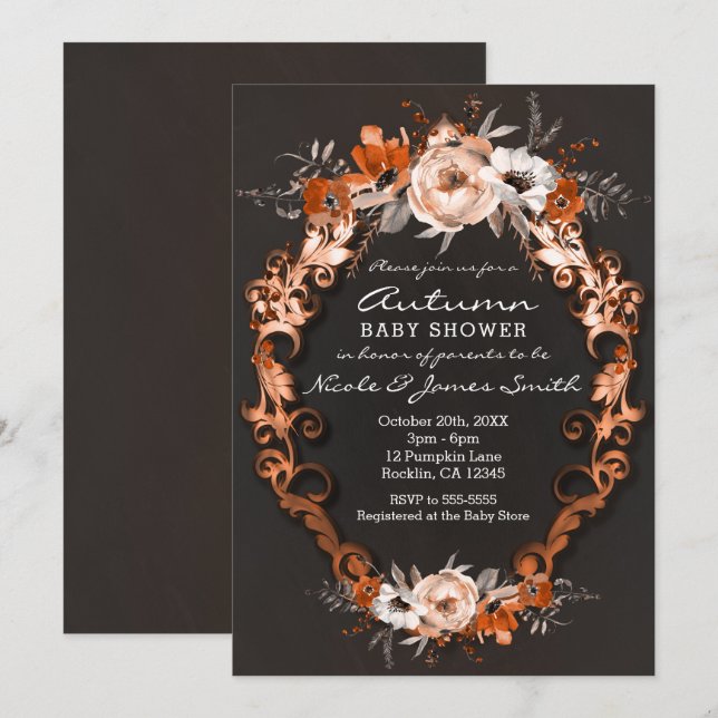 Autumn Fall Baby Shower Orange Floral Flowers Invitation (Front/Back)