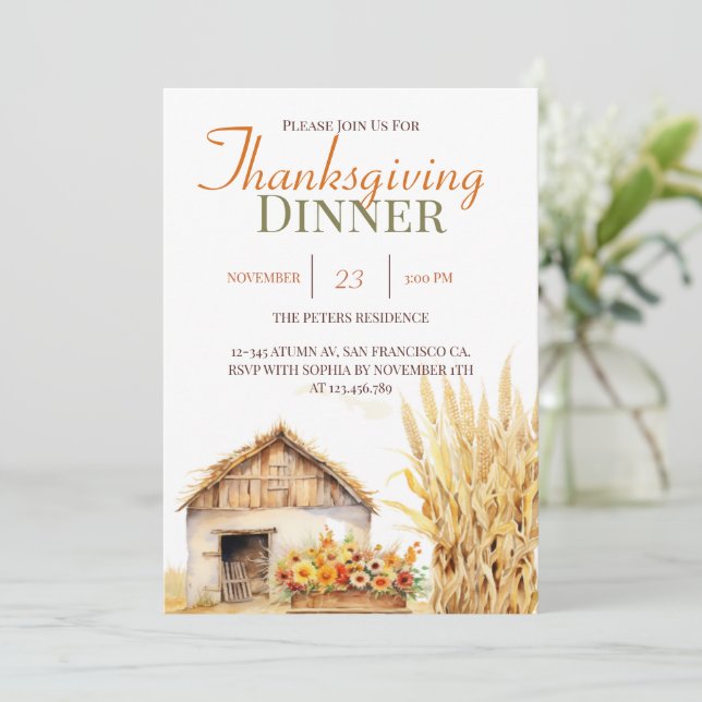 Autumn Fall Barn Thanksgiving Dinner Invitation (Standing Front)