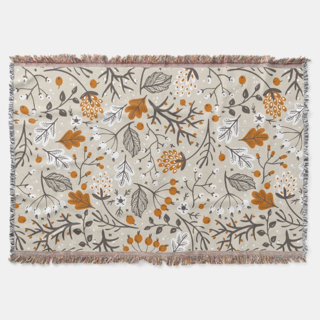 Autumn Fall Berries Leaves and Branches Pattern Throw Blanket (Front)