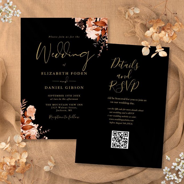 Autumn Fall Black And Gold QR Code Wedding Invitation (Autumn Fall Black And Gold QR Code Wedding Invitation)