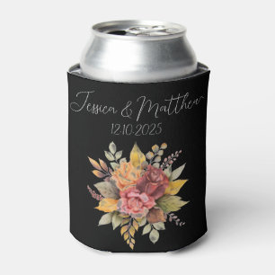 Autumn Fall Black Rustic Watercolor Wedding Can Cooler