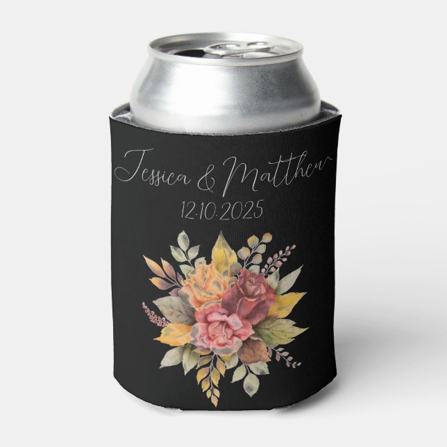 Autumn Fall Black Rustic Watercolor Wedding Can Cooler (Can Front)