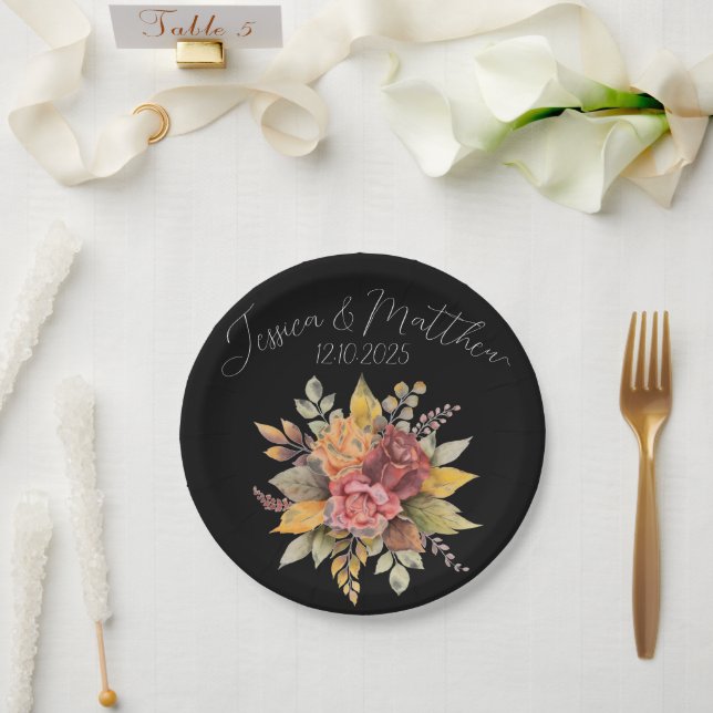 Autumn Fall Black Rustic Watercolor Wedding Paper Plate (Wedding)