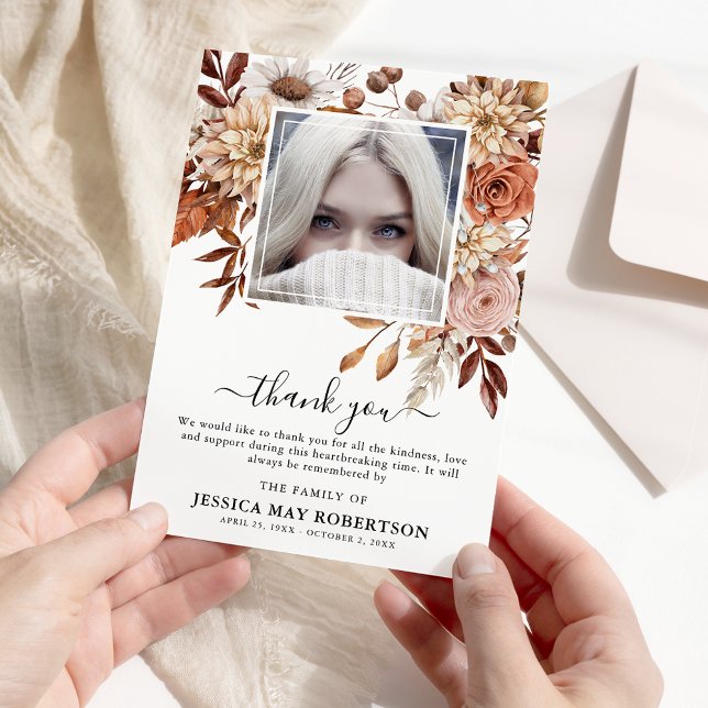 Autumn Fall Bloom Photo Memorial Funeral Thank You Card (Creator Uploaded)