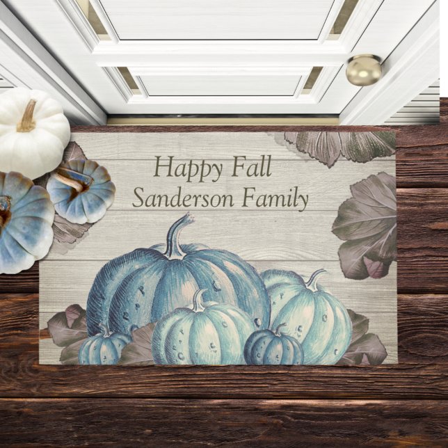 Autumn Fall Blue Pumpkin Rustic Cute Gray Wood Doormat (Creator Uploaded)