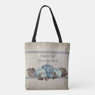 Autumn Fall Blue Pumpkin Rustic Cute Grey Wood  Ba Tote Bag