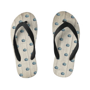 Autumn Fall Blue Pumpkin Rustic Cute Grey Wood Kid's Flip Flops