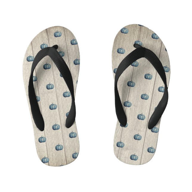 Autumn Fall Blue Pumpkin Rustic Cute Grey Wood Kid's Flip Flops (Footbed)