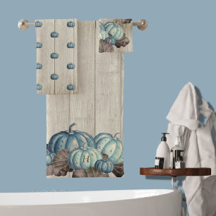 Autumn Fall Blue Pumpkin Rustic Cute Grey Wood  Sh Bath Towel Set