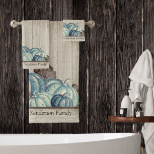 Autumn Fall Blue Pumpkin Rustic Cute Grey Wood Sh Bath Towel Set