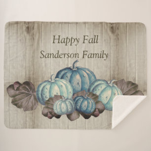 Autumn Fall Blue Pumpkin Rustic Cute Grey Wood Sherpa Blanket