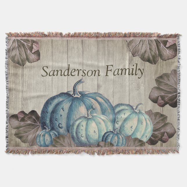 Autumn Fall Blue Pumpkin Rustic Cute Grey Wood Throw Blanket (Front)