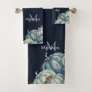 Autumn Fall Blue Watercolor Pumpkin Rustic Navy Bath Towel Set