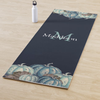 Autumn Fall Blue Watercolor Pumpkin Rustic Navy Yoga Mat